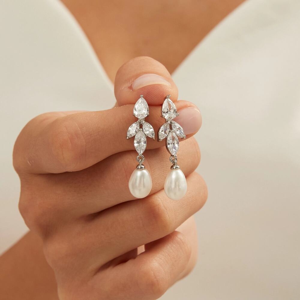 Bridal Diamond Freshwater Pearl Earrings, Silver Crystal Leaf Drop Earrings